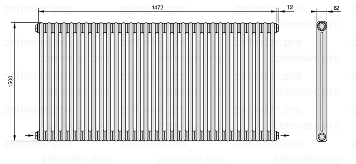 Схема (чертеж) Радиатор Zehnder Charleston 2150/32 №2670 Белый глянцевый RAL 9016